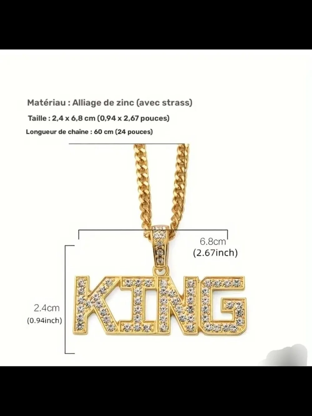 Gold 'KING' Pendant Necklace with Rhinestones